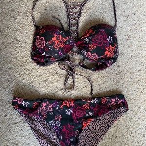Floral + Leopard Print Bikini with Underwire + Adjustable Tie Back